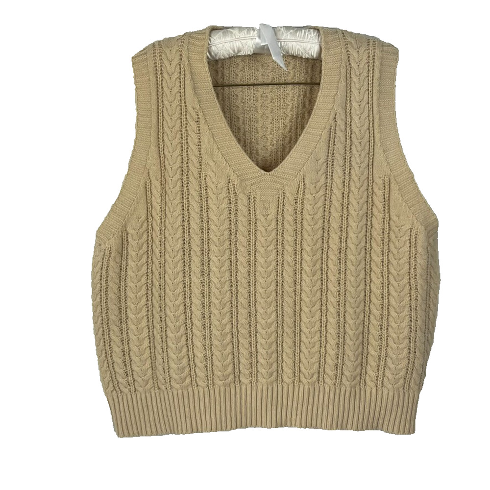 Shein Curve Sweater Vest Women's Size 2XL Beige Cable Knit Ribbed Knit Trims